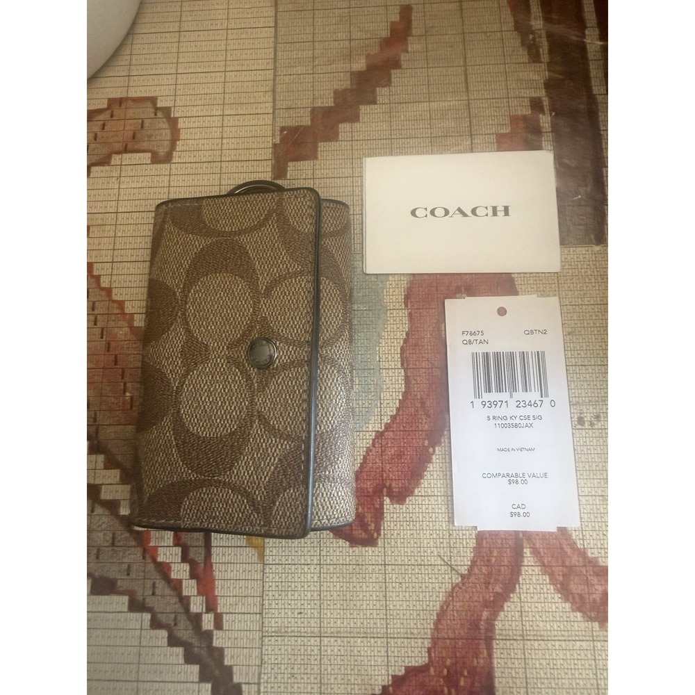 COACH Signature Key Case Leather Canvas Brown Black Holder Purse Women NEW
